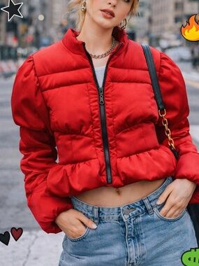 Red Quilted Puff-Sleeve Puffer Jacket